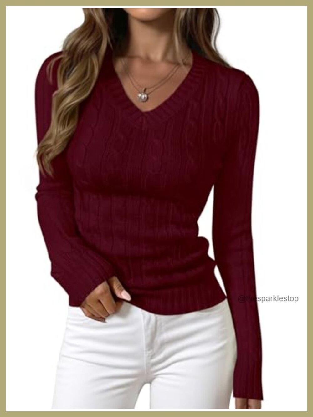Cable Knit Fitted V Neck Long Sleeve Sweater Pullover